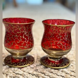 Set of Elegant Red and Gold Glass Candle Holders